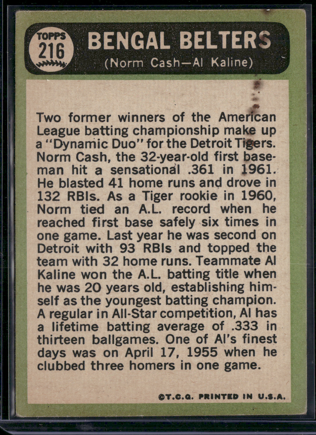 1967 Topps AL KALINE/NORM CASH #216 BengalBelters Wrinkle Stain on Back(Good-VG)