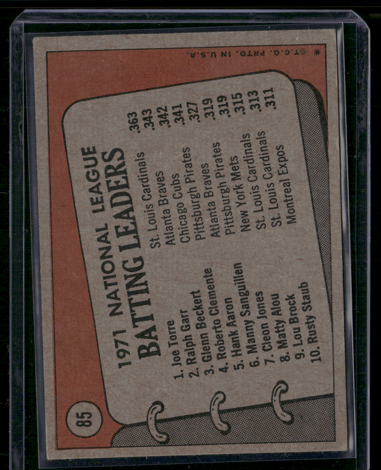 1972 Topps JOE TORRE/RALPH GARR/GLENN BECKERT #85 1971 NL Batting Leaders (VG)