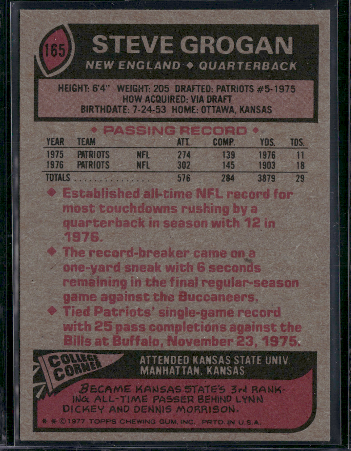 1977 Topps STEVE GROGAN #165 (EX)
