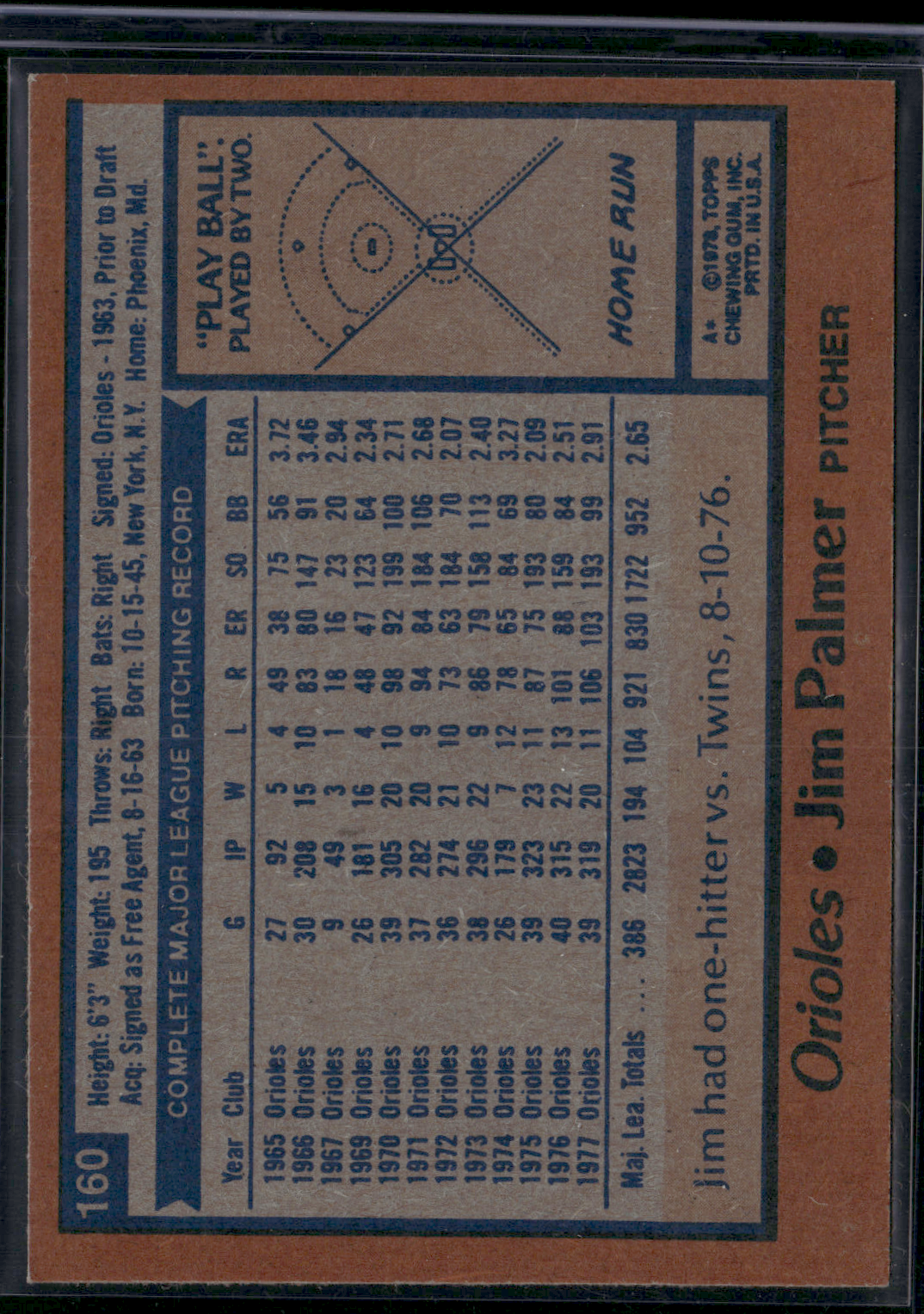 1978 Topps JIM PALMER #160 (EX-EX/MT)