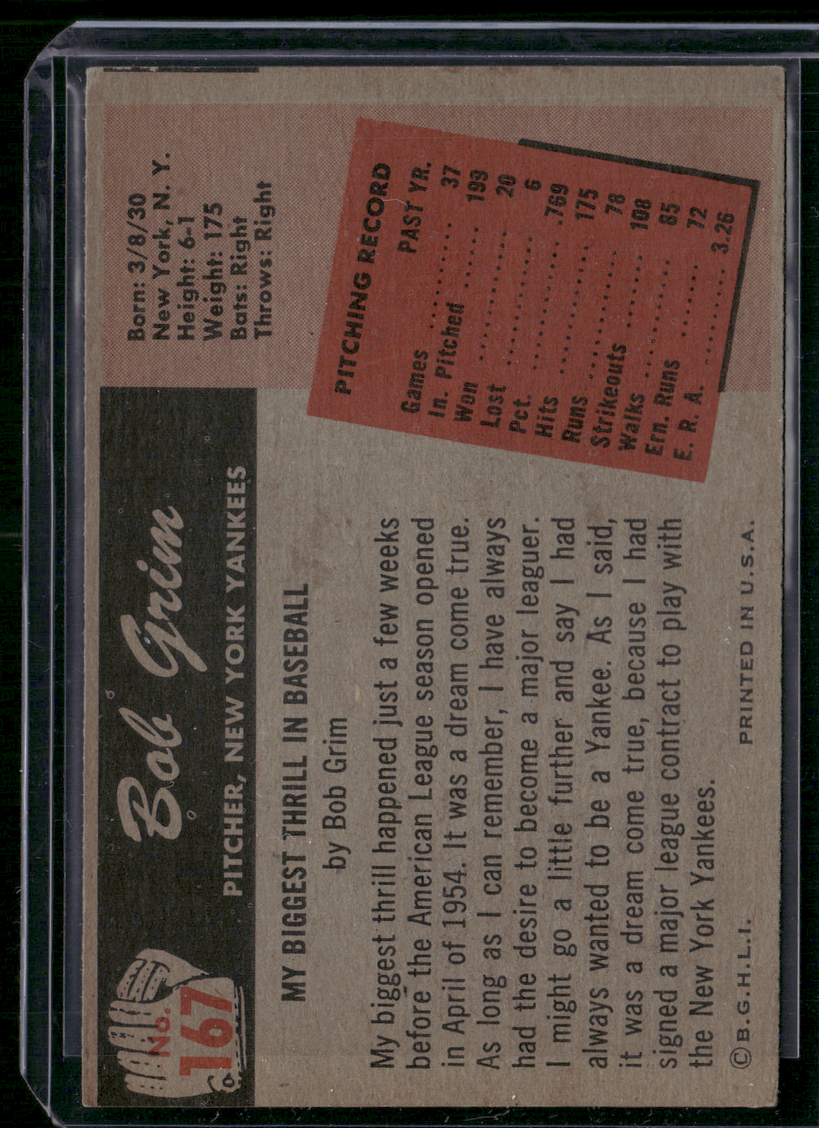 1955 Bowman BOB GRIM #167 (VG)