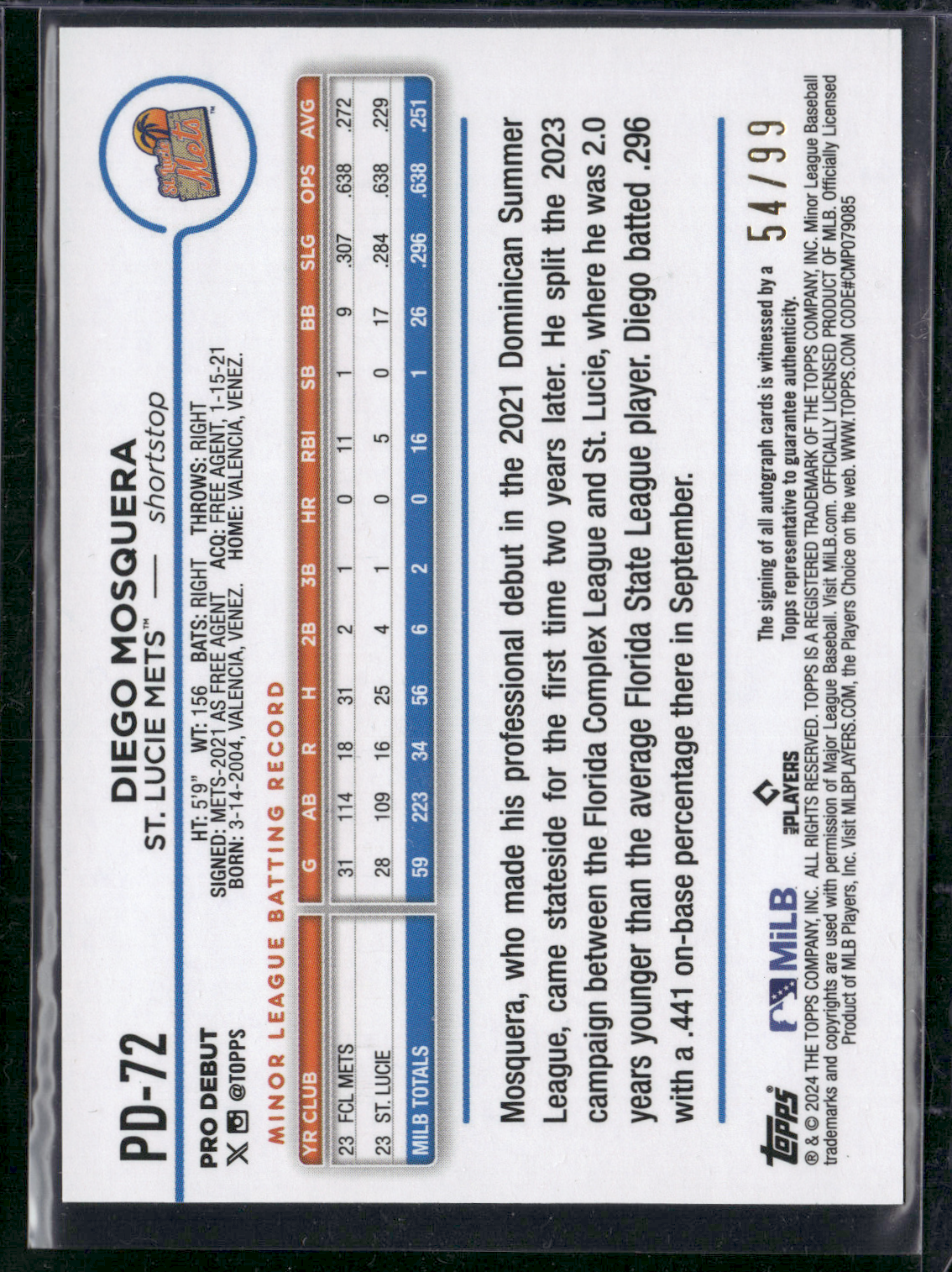 2024 Pro Debut DIEGO MOSQUERA #PD-72 Green Rainbow Auto 54/99 (NM)