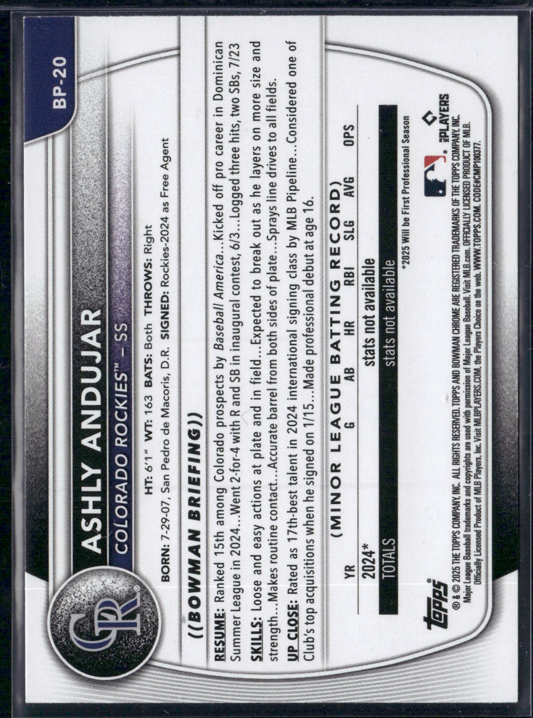 2025 Bowman ASHLY ANDUJAR 183/499 #BP-20 Sky Blue 1st Bowman