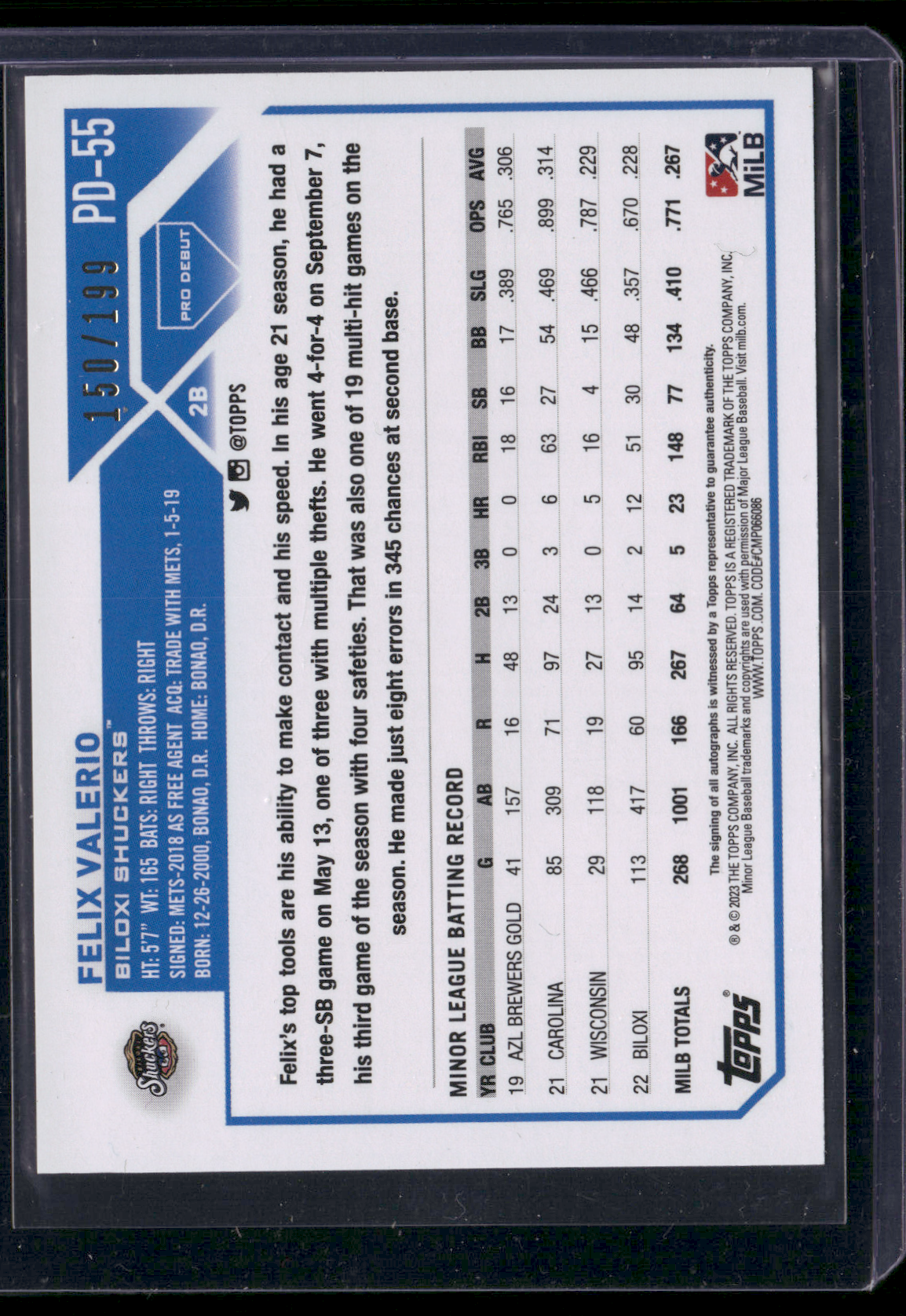 2023 Pro Debut FELIX VALERIO #PD-55 Speckle Refractor Auto 150/199 (NM)