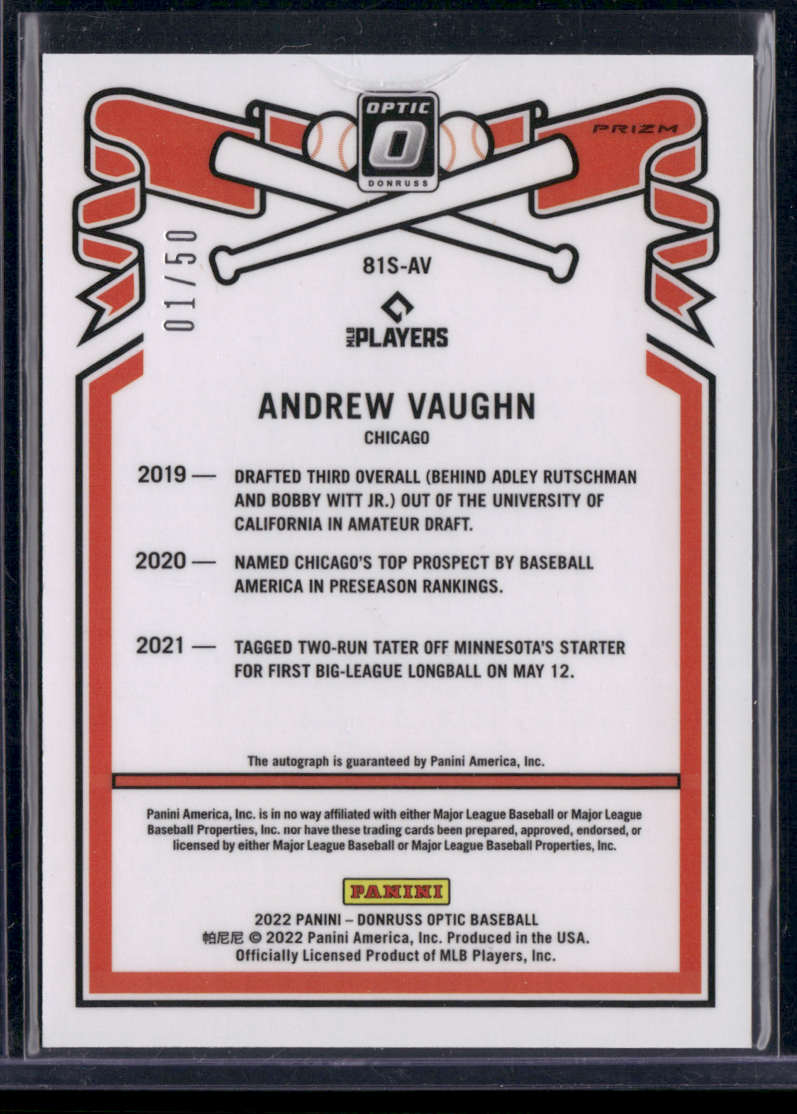 2022 Donruss Optic ANDREW VAUGHN #81S-AV Blue Cracked Ice Prizm 1/50 (VG)