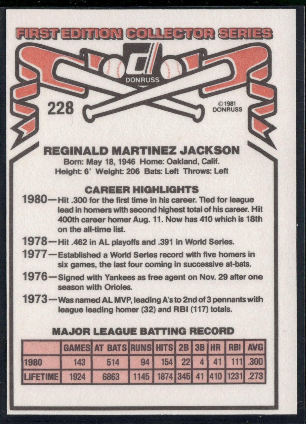 1981 Donruss REGGIE JACKSON #228 (NM)