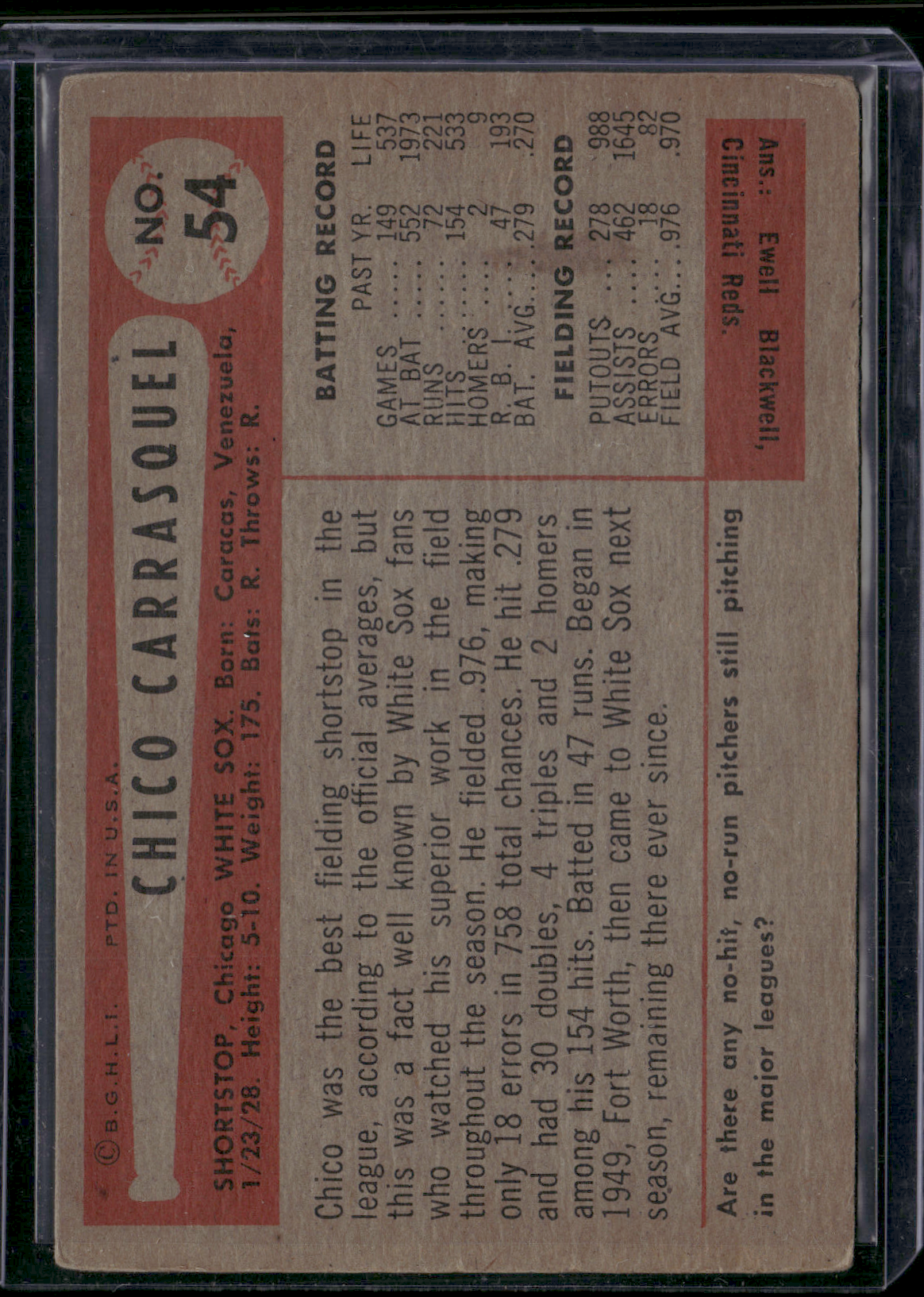 1954 Bowman CHICO CARRASQUEL #54 Light Stain on Back Slight Edge Crush (VG)