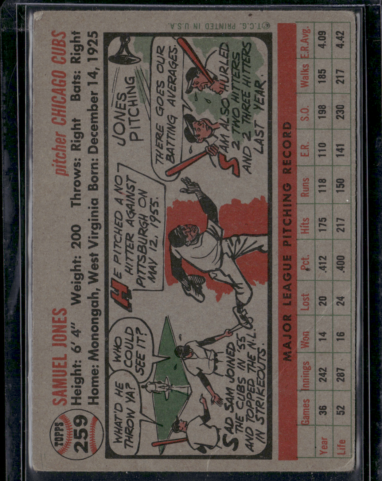 1956 Topps SAM JONES #259 Crease and Light Wrinkling