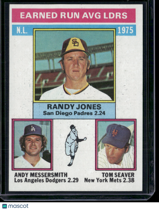 1976 Topps TOM SEAVER/JONES/MESSERSMITH #201 1975 NL ERA Leaders Print Snow (EX)