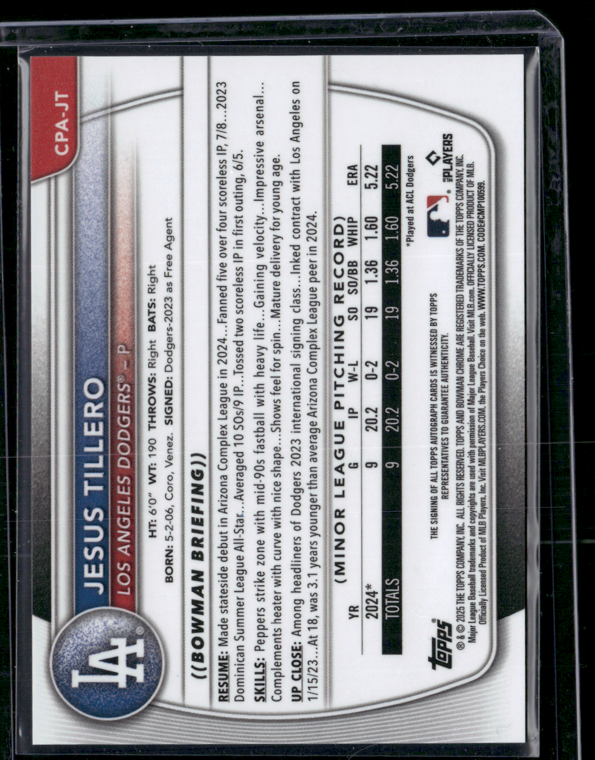 2025 Bowman JESUS TILLERO #CPA-JT Auto 1st Bowman