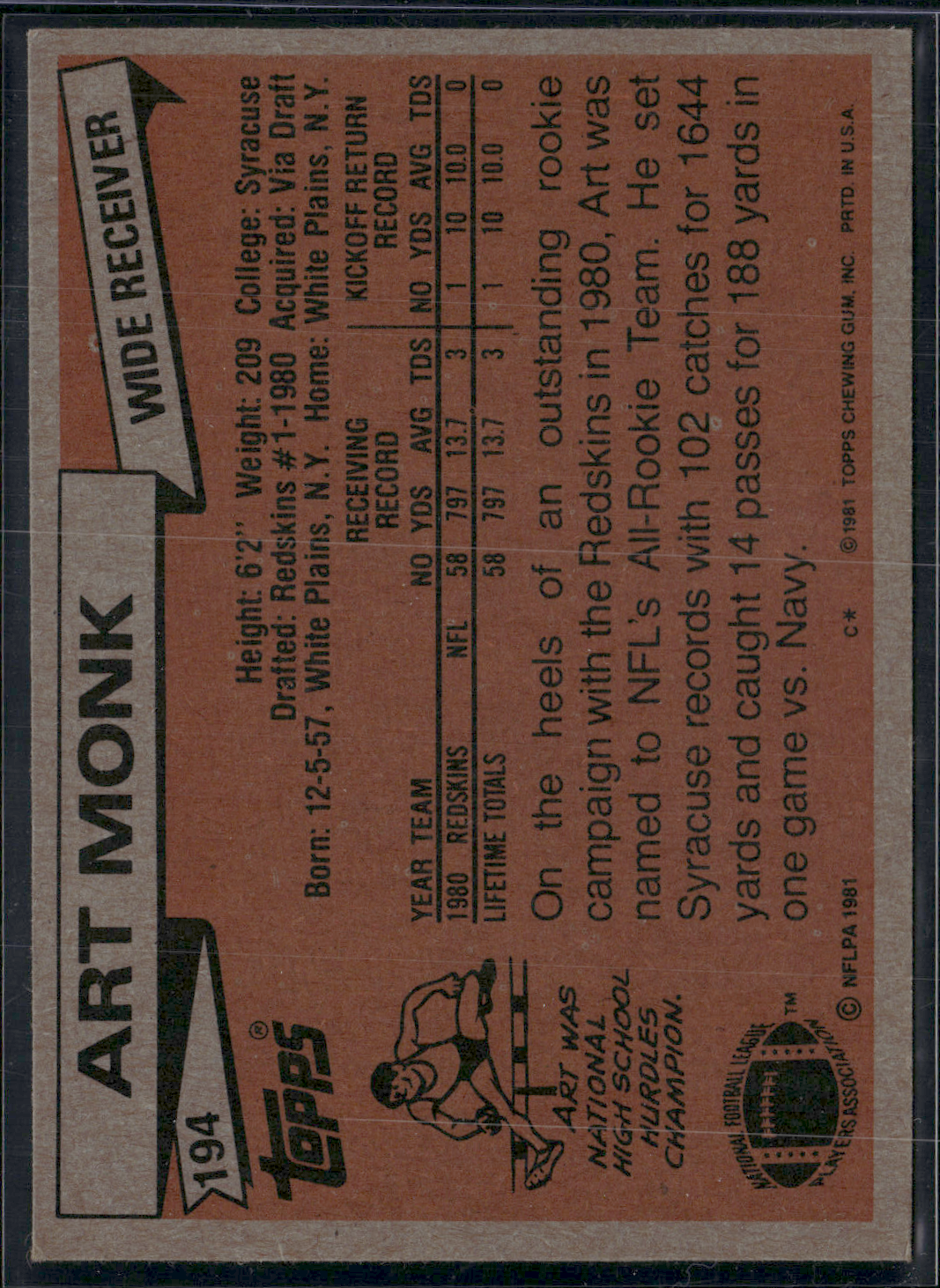 1981 Topps ART MONK #194 Rookie RC (EX-EX/MT)