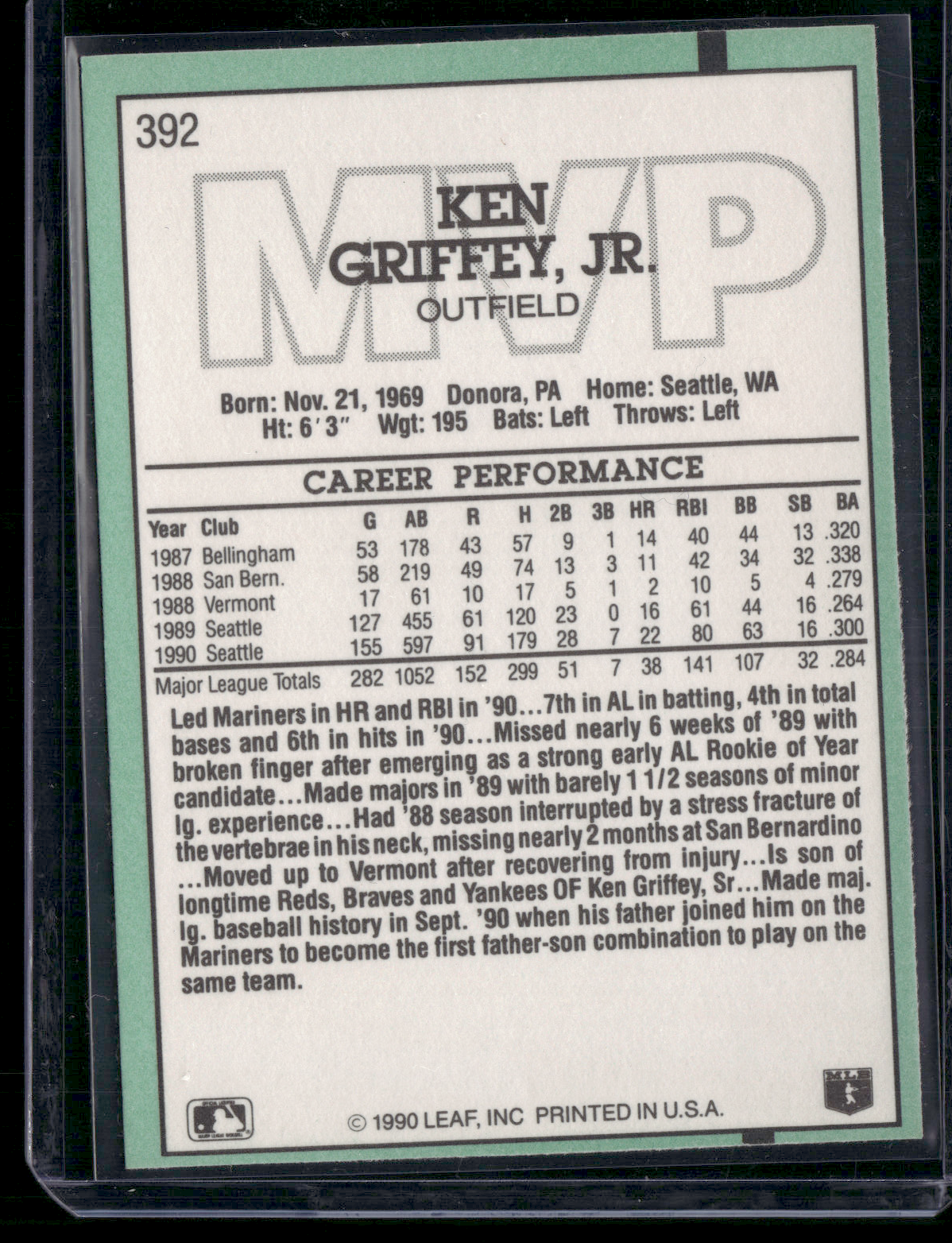 1991 Donruss KEN GRIFFEY JR. #392 MVP (EX/MT-NM)