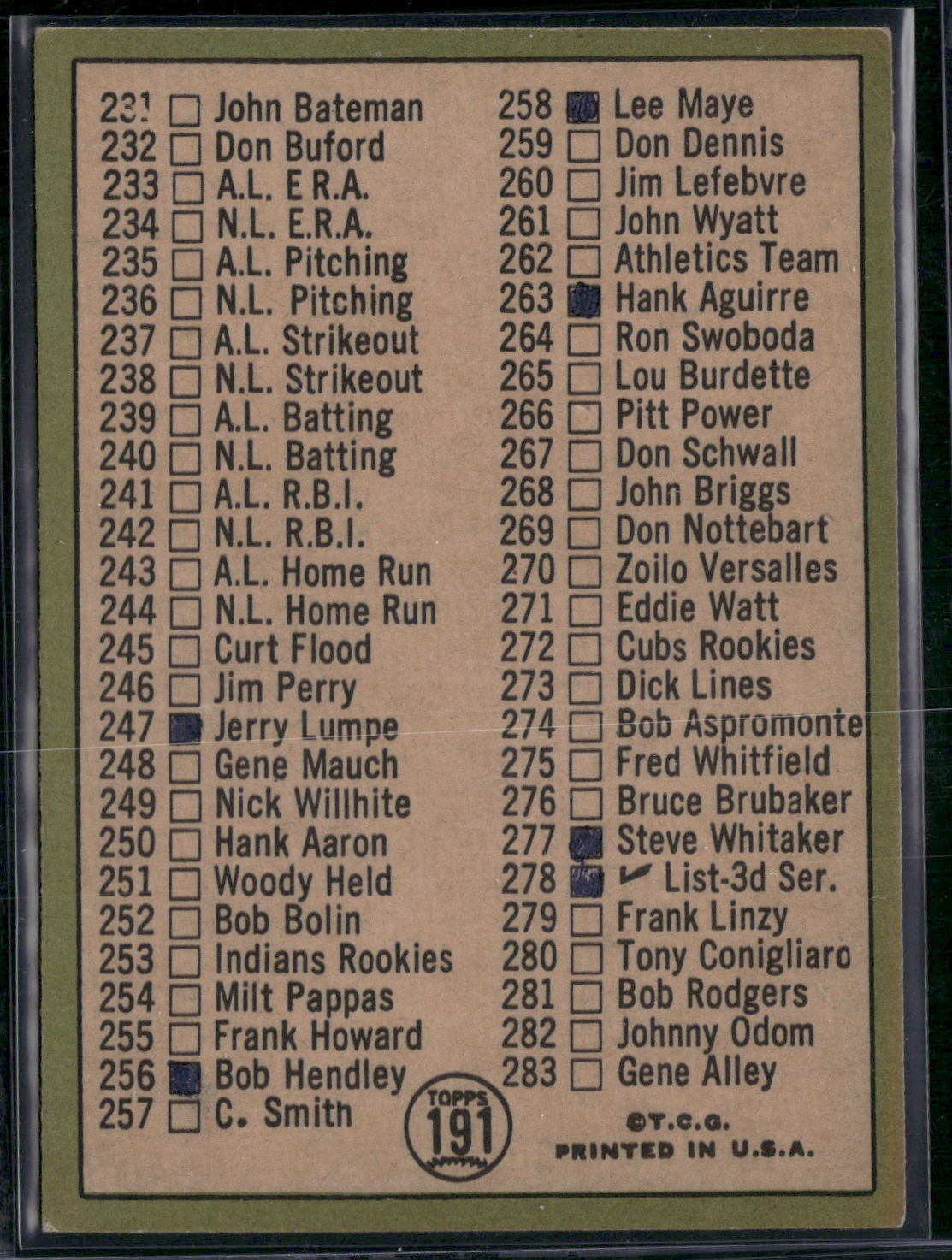 1967 Topps CHECKLIST - WILLIE MAYS #191 Slight Edge Chipping Ink Filled (EX)
