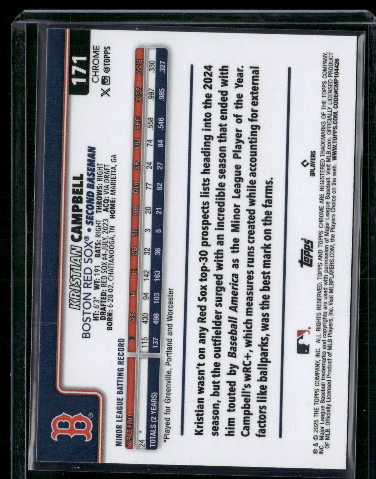 2025 Topps Chrome KRISTIAN CAMPBELL #171 Rookie RC