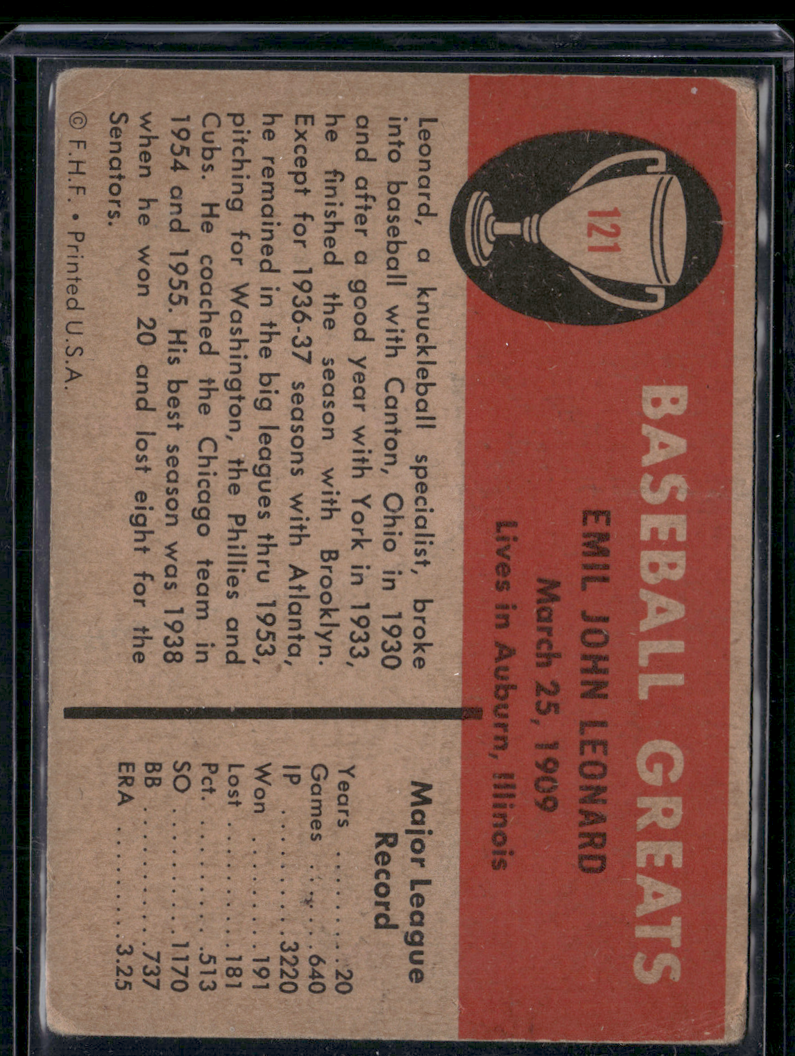 1960 Fleer Baseball Greats DUTCH LEONARD #121 Multiple Creases