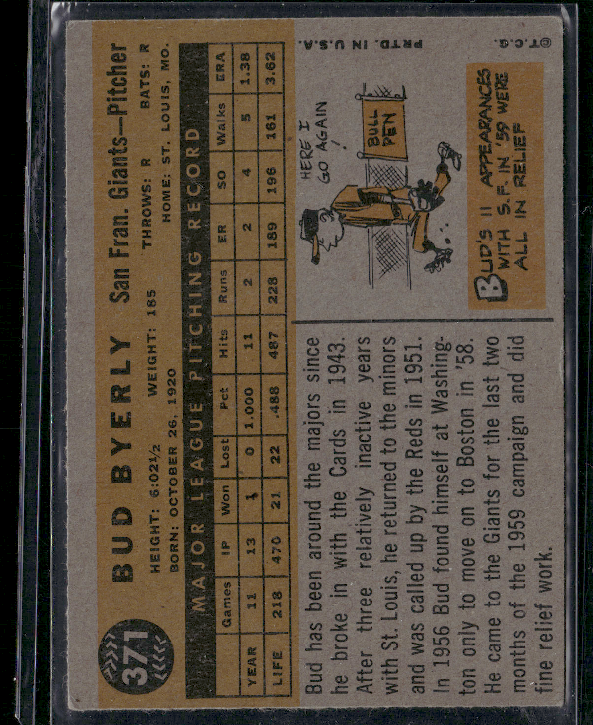 1960 Topps BUD BYERLY #371 Wrinkles (Good)
