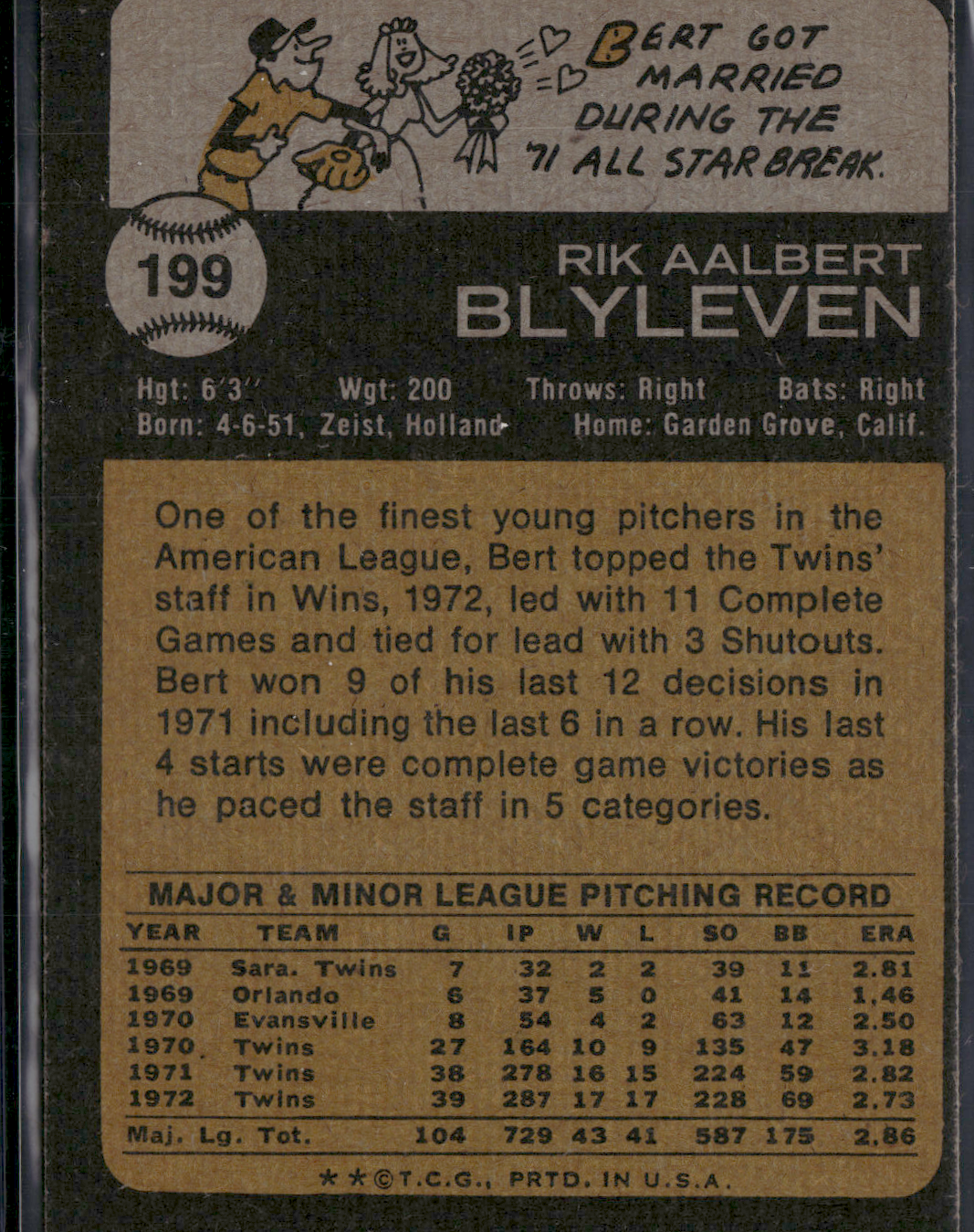 1973 Topps BERT BLYLEVEN #199 (EX)