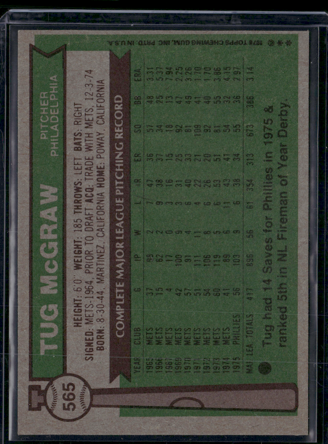 1976 Topps TUG MCGRAW #565 (EX-EX/MT)