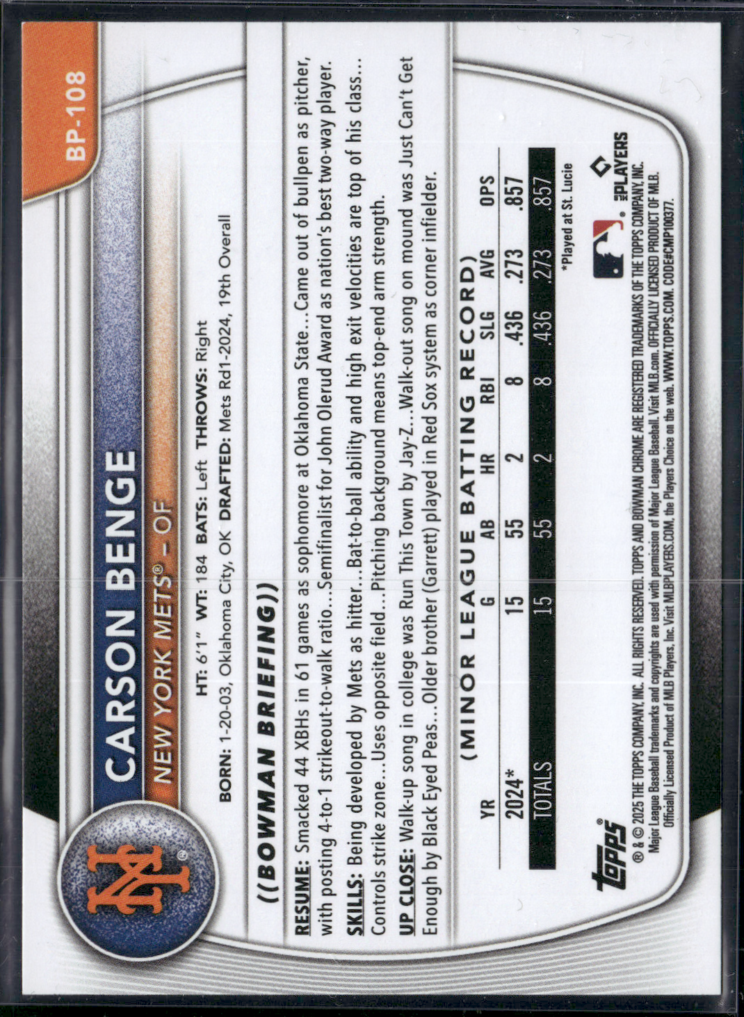 2025 Bowman CARSON BENGE #BP-108 1st Bowman