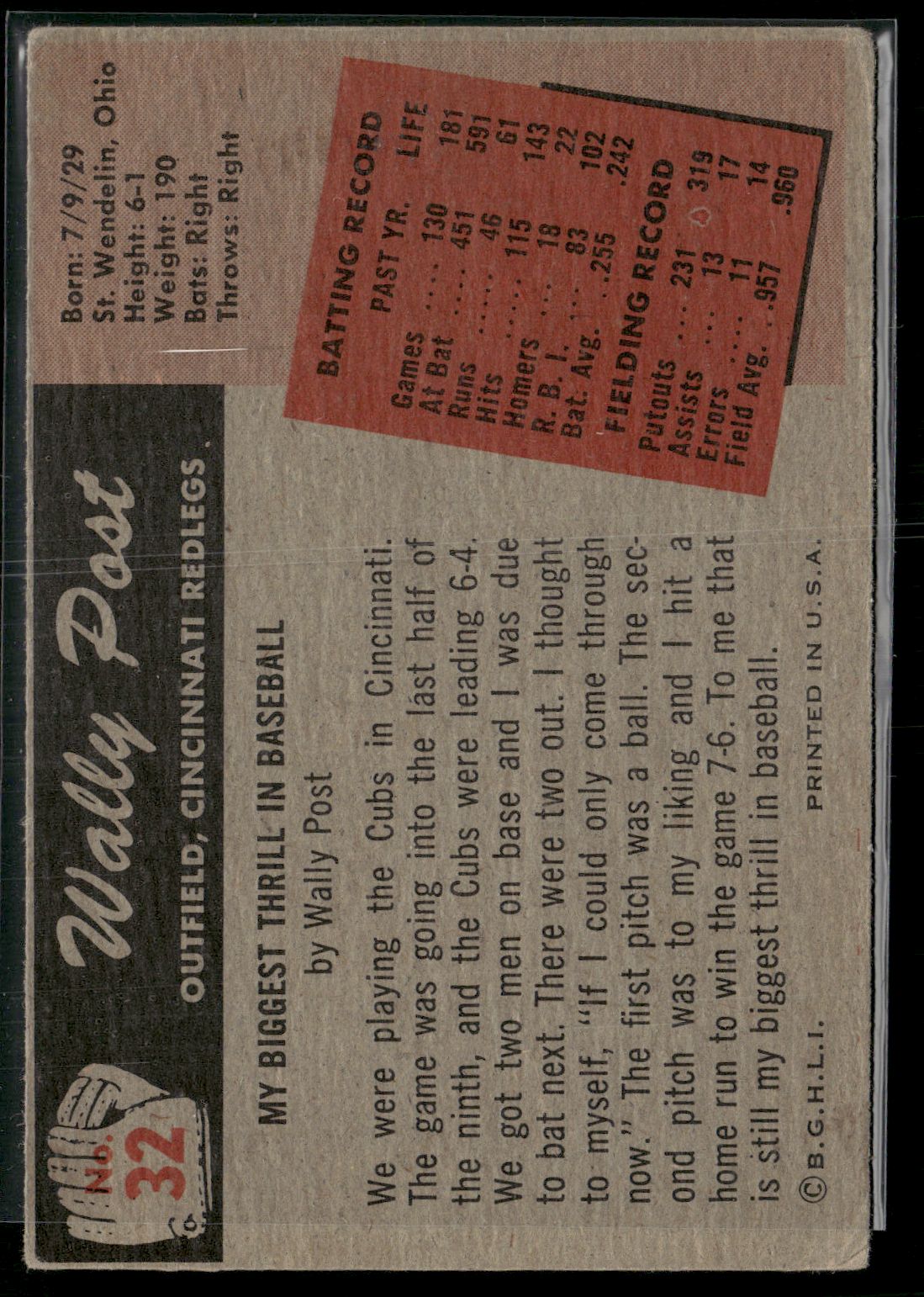 1955 Bowman WALLY POST #32 Light Wrinkles (VG)