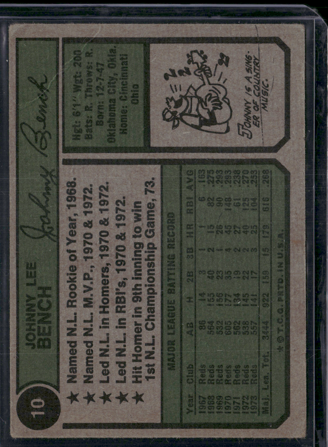 1974 Topps JOHNNY BENCH #10 Light Wrinkle (VG)