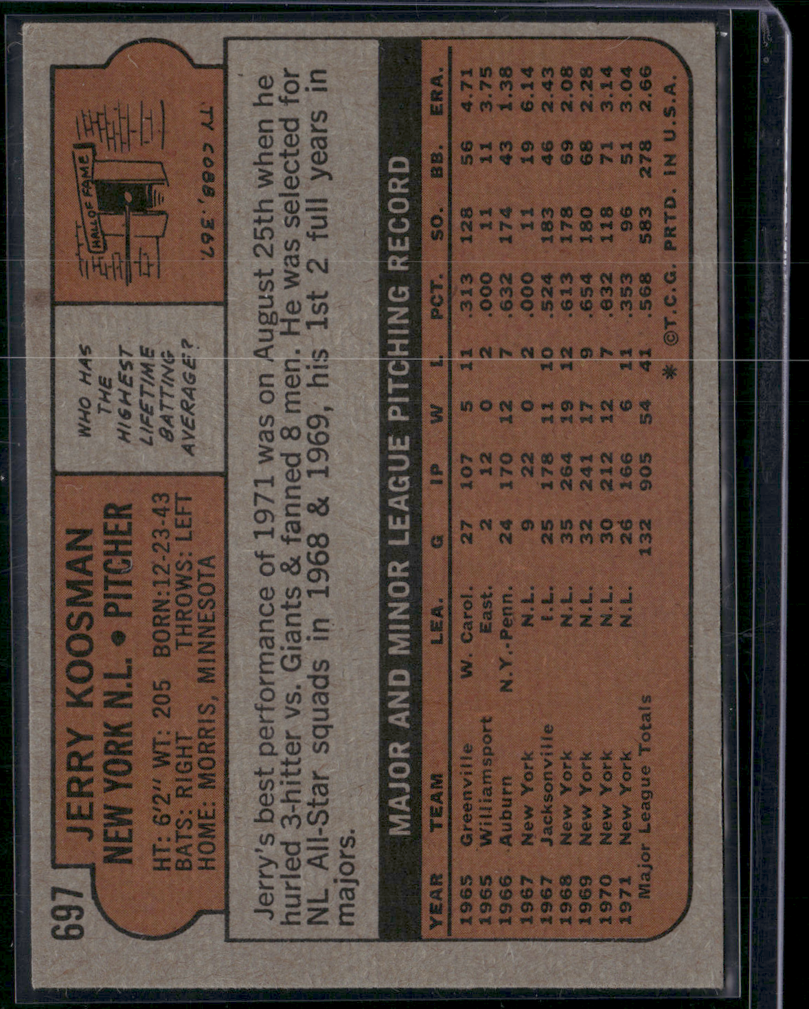 1972 Topps JERRY KOOSMAN #697 Light wrinkle (VG/EX)