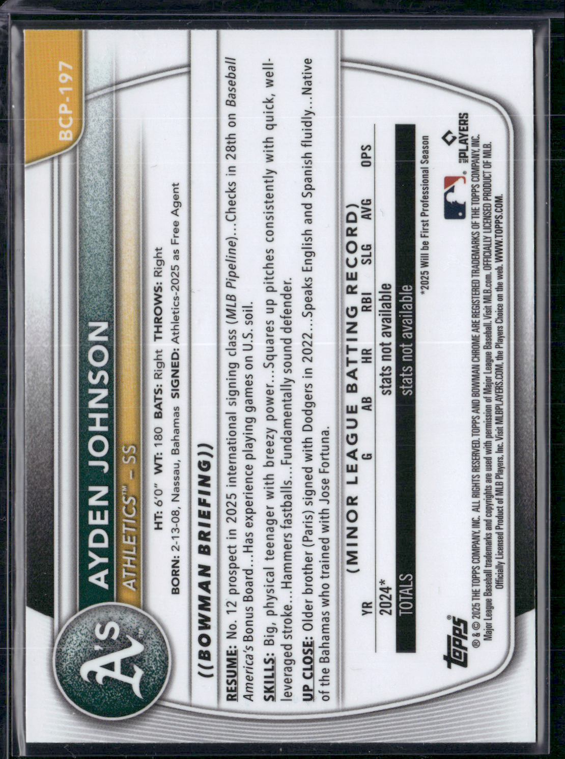 2025 Bowman Chrome AYDEN JOHNSON #BCP-197 Mega 1st Bowman