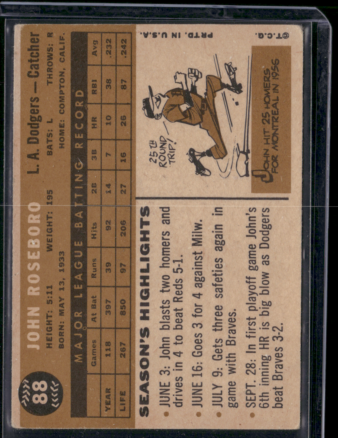 1960 Topps JOHN ROSEBORO #88 Wrinkles (Good)