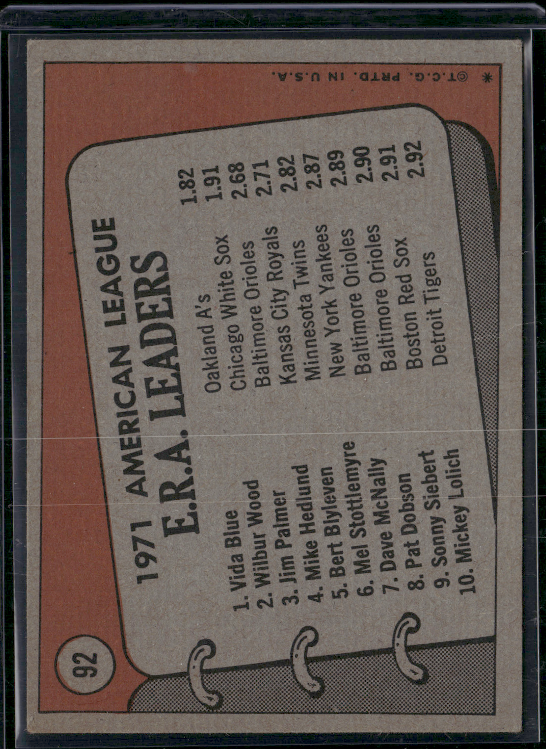 1972 Topps JIM PALMER/VIDA BLUE/WILBUR WOOD #92 1971 AL ERA Leaders (VG-VG/EX)