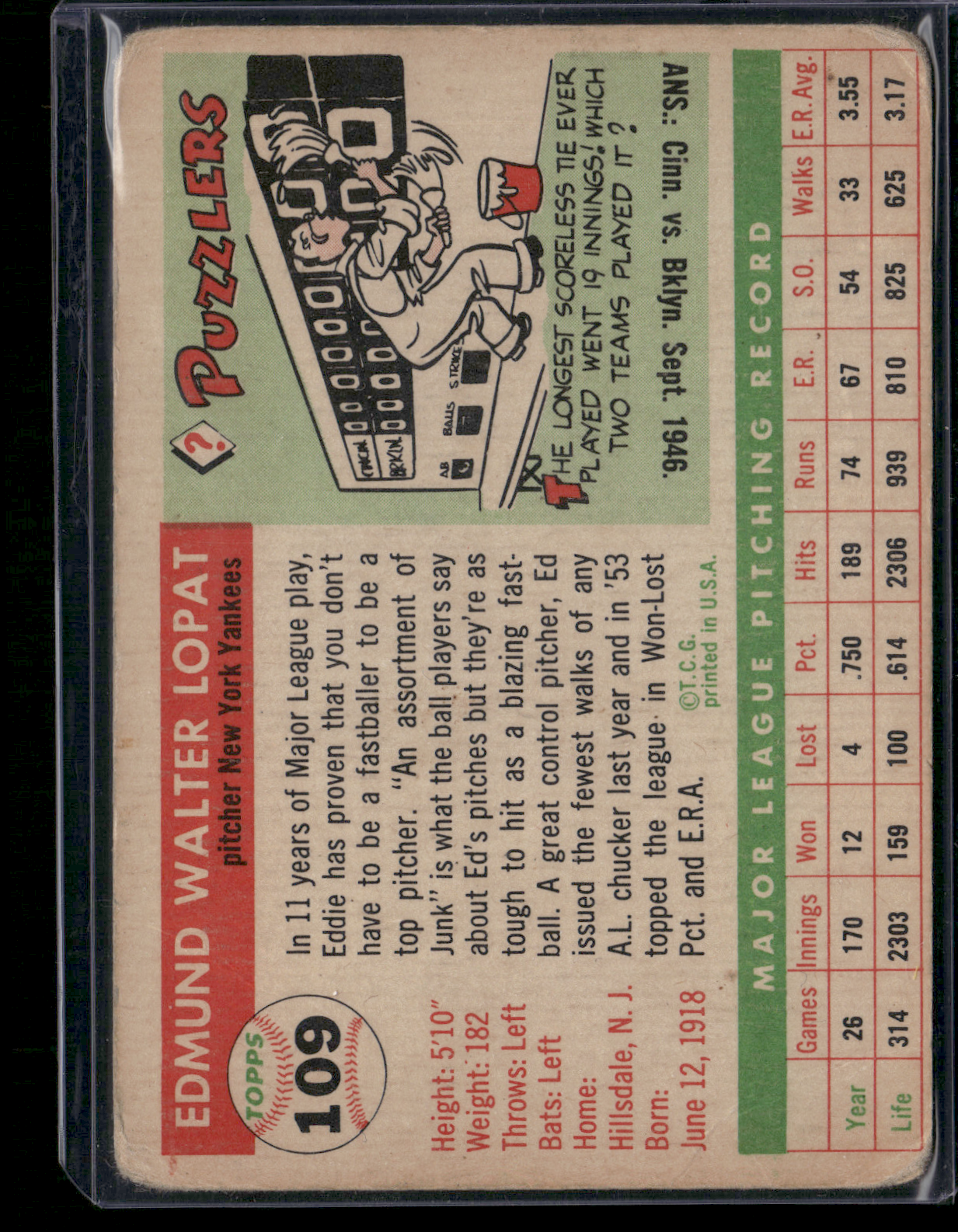1954 Topps ED LOPAT #109 Corners Light Paper Loss (Fair-Good)