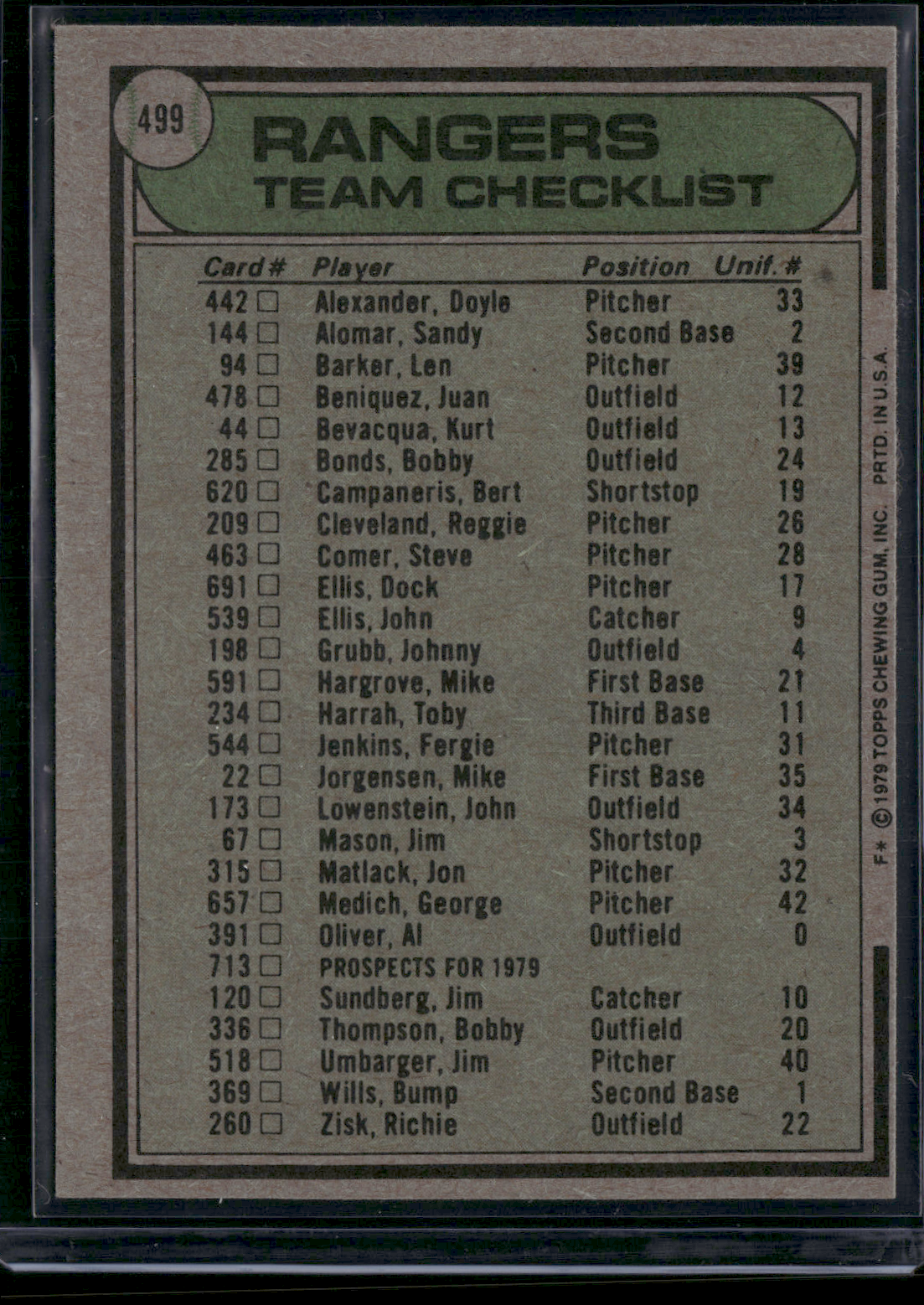 1979 Topps TEXAS RANGERS #499 (EX-MT)