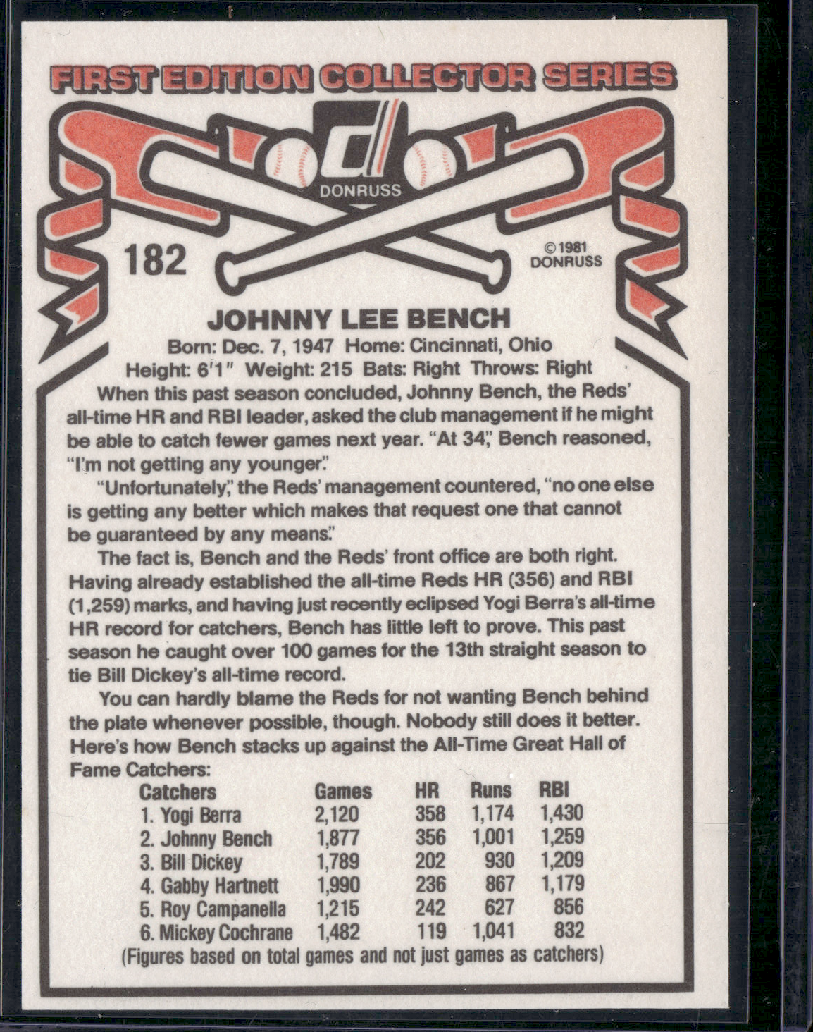 1981 Donruss JOHNNY BENCH #182 (NM)