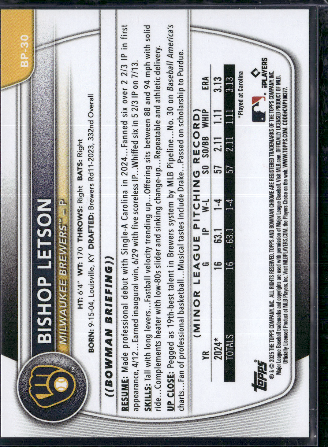 2025 Bowman BISHOP LETSON #BP-30 1st Bowman