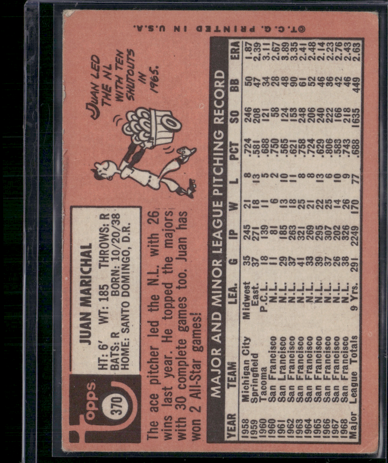 1969 Topps JUAN MARICHAL #370 Print Snow Print Line (Good)