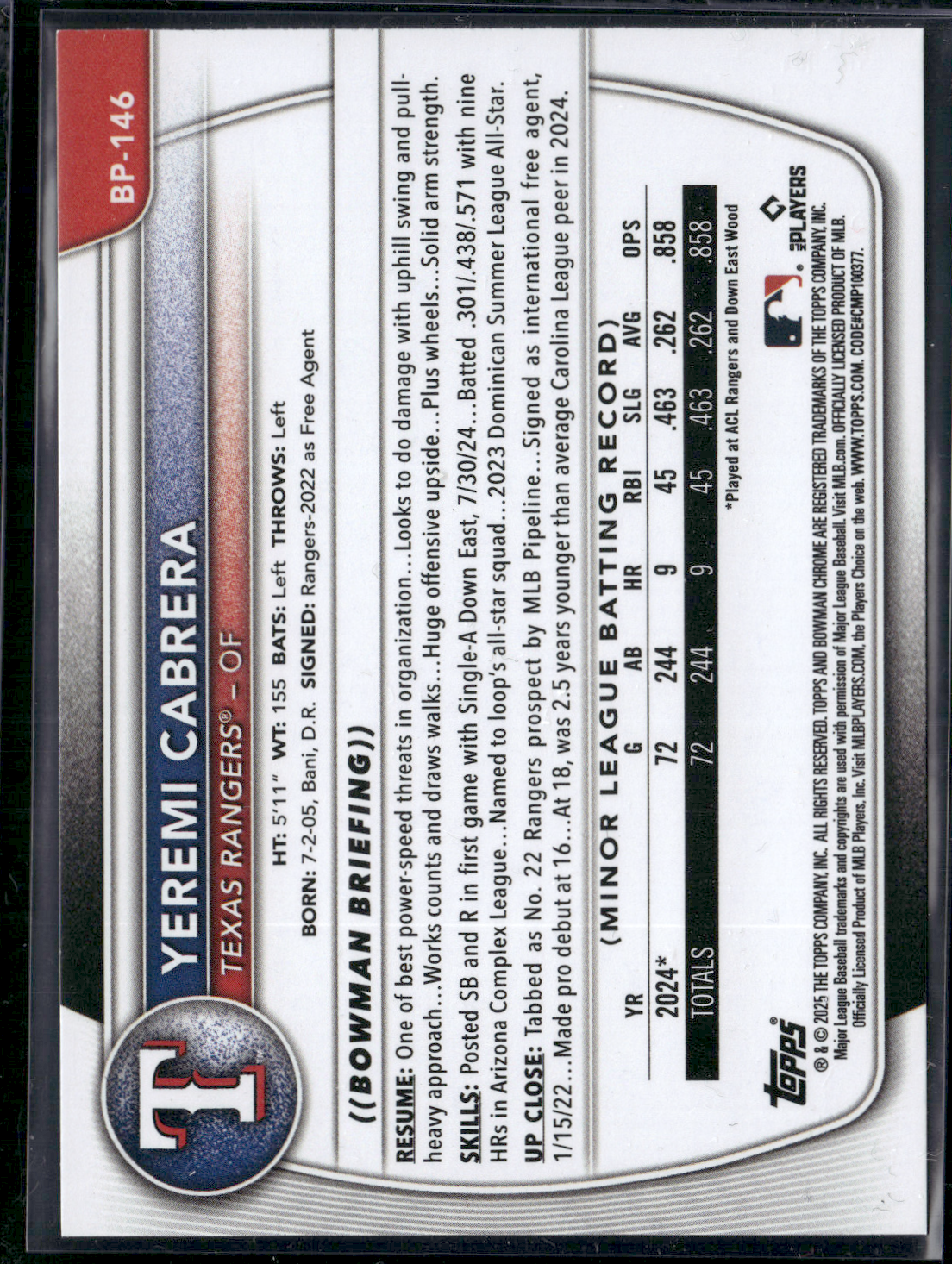 2025 Bowman YEREMI CABRERA #BP-146 1st Bowman