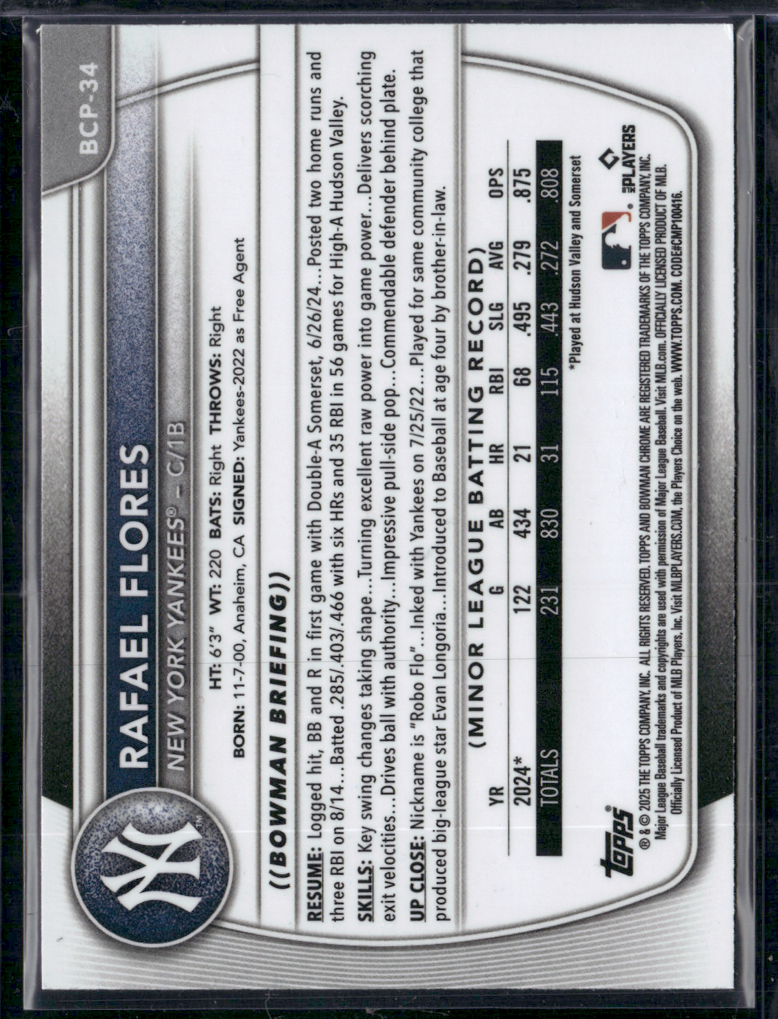 2025 Bowman RAFAEL FLORES #BCP-34 1st Bowman Chrome