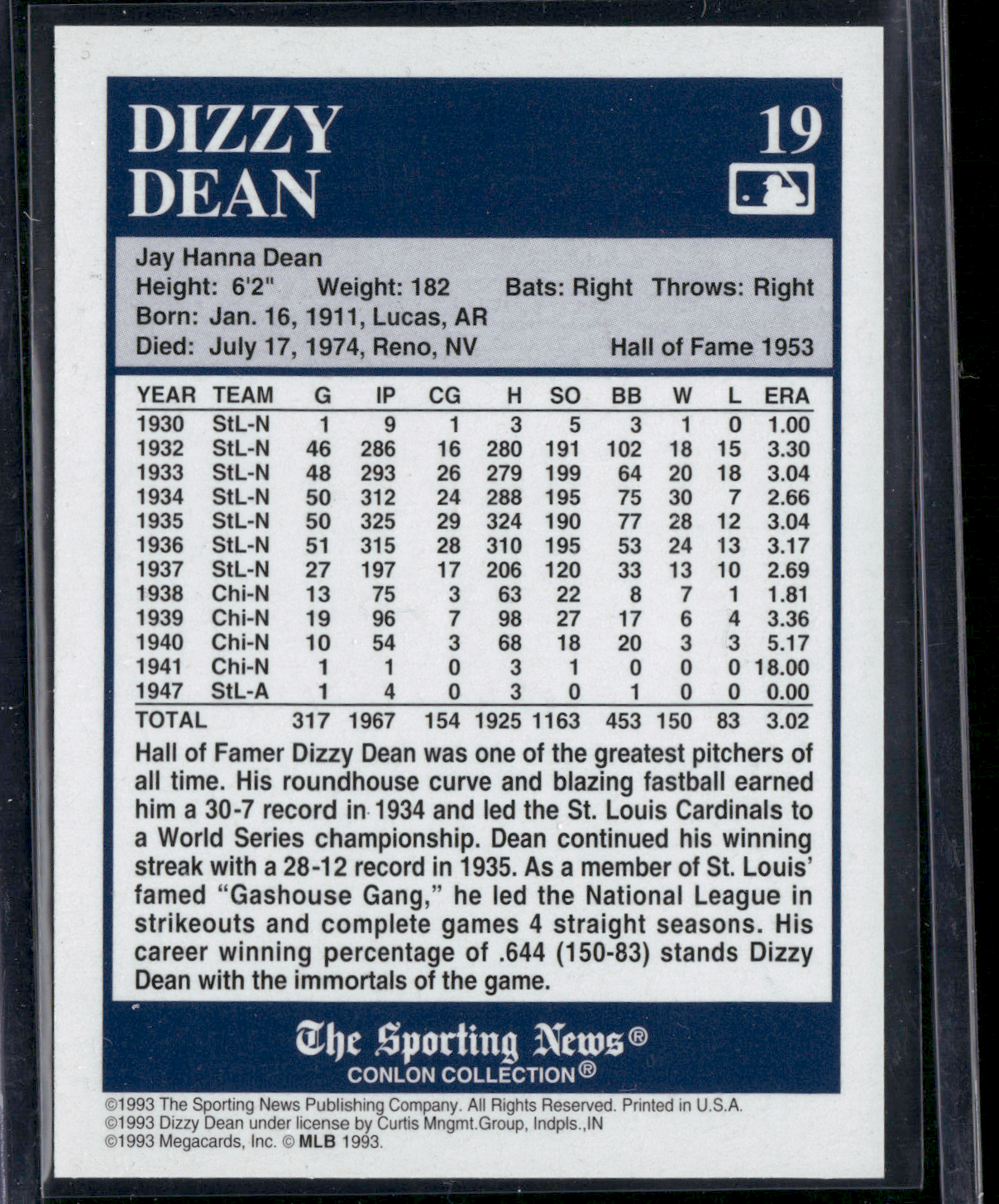 1993 Conlon Collection DIZZY DEAN #19 In Color (EX)