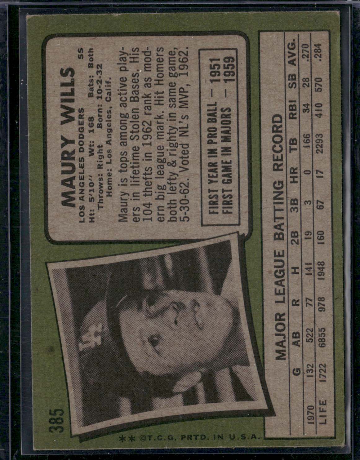 1971 Topps MAURY WILLS #385 (VG)