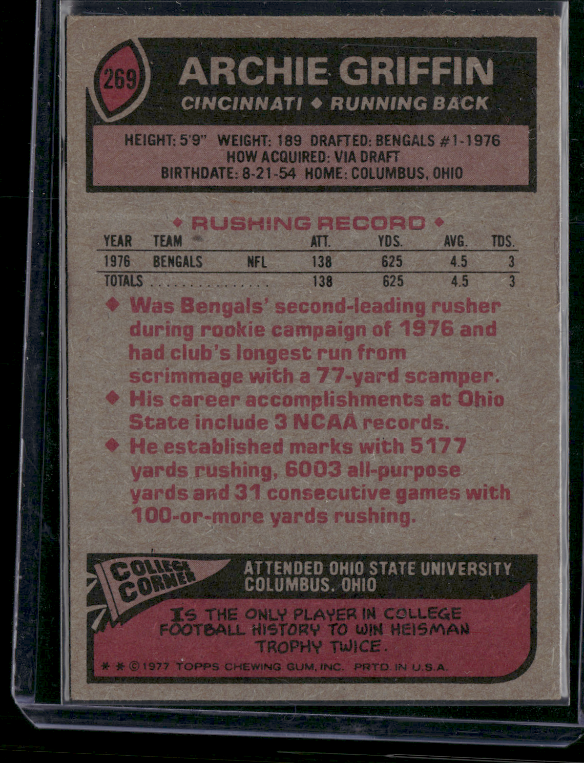 1977 Topps ARCHIE GRIFFIN #269 (EX)