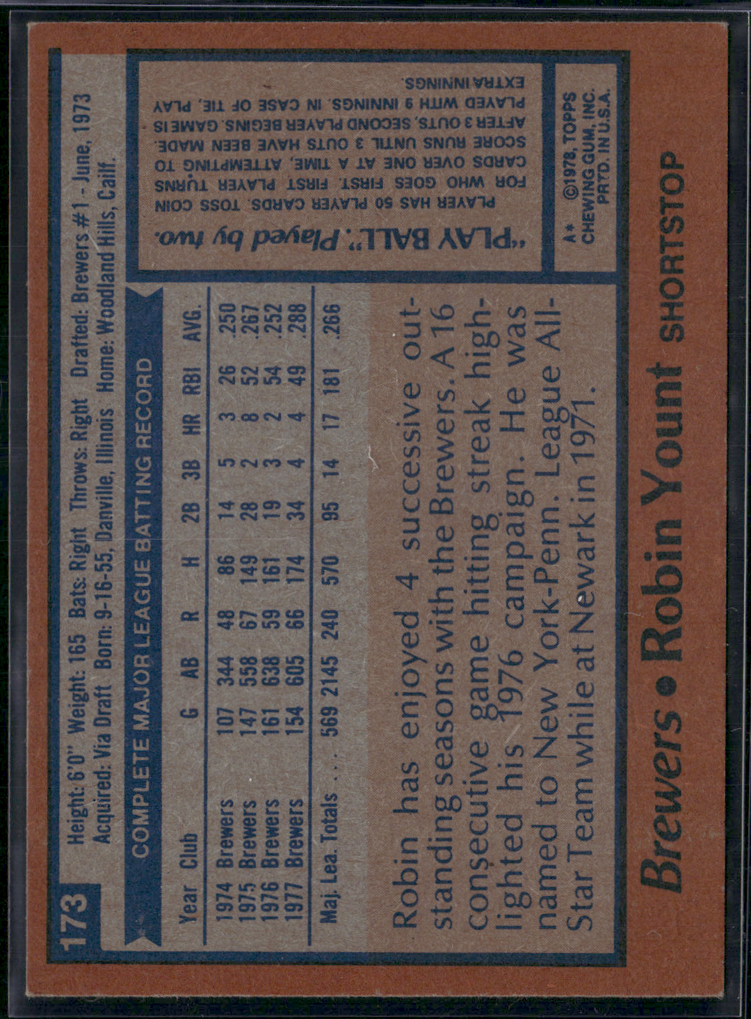 1978 Topps ROBIN YOUNT #173 Slight Edge Chip (EX)
