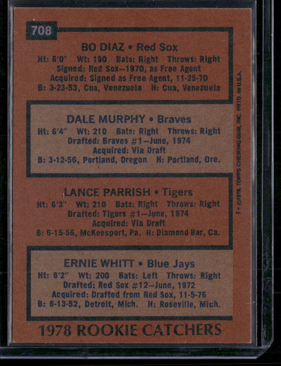 1978 Topps DALE MURPHY/BO DIAZ/PARRISH/WHITT #708 78 Rookie Catchers (EX-EX/MT)
