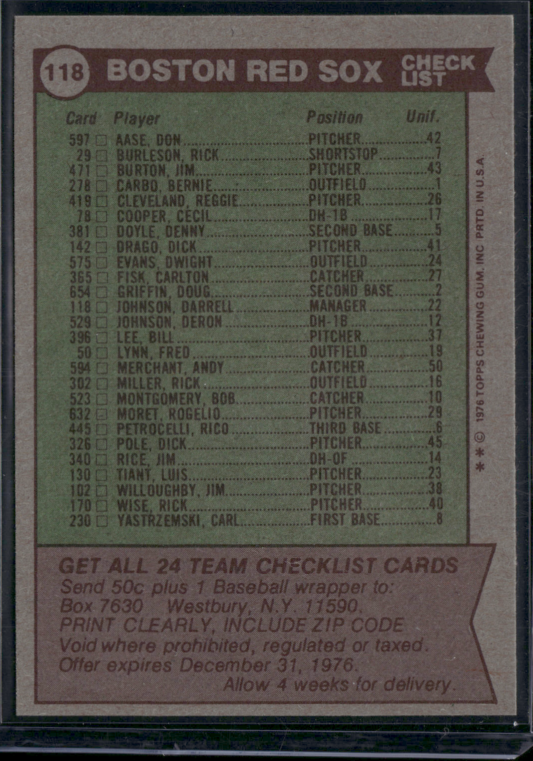 1976 Topps BOSTON RED SOX #118 (EX-EX/MT)
