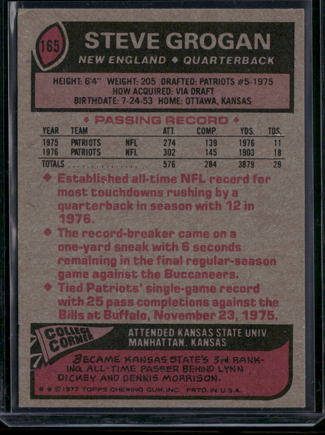1977 Topps STEVE GROGAN #165 (VG/EX)