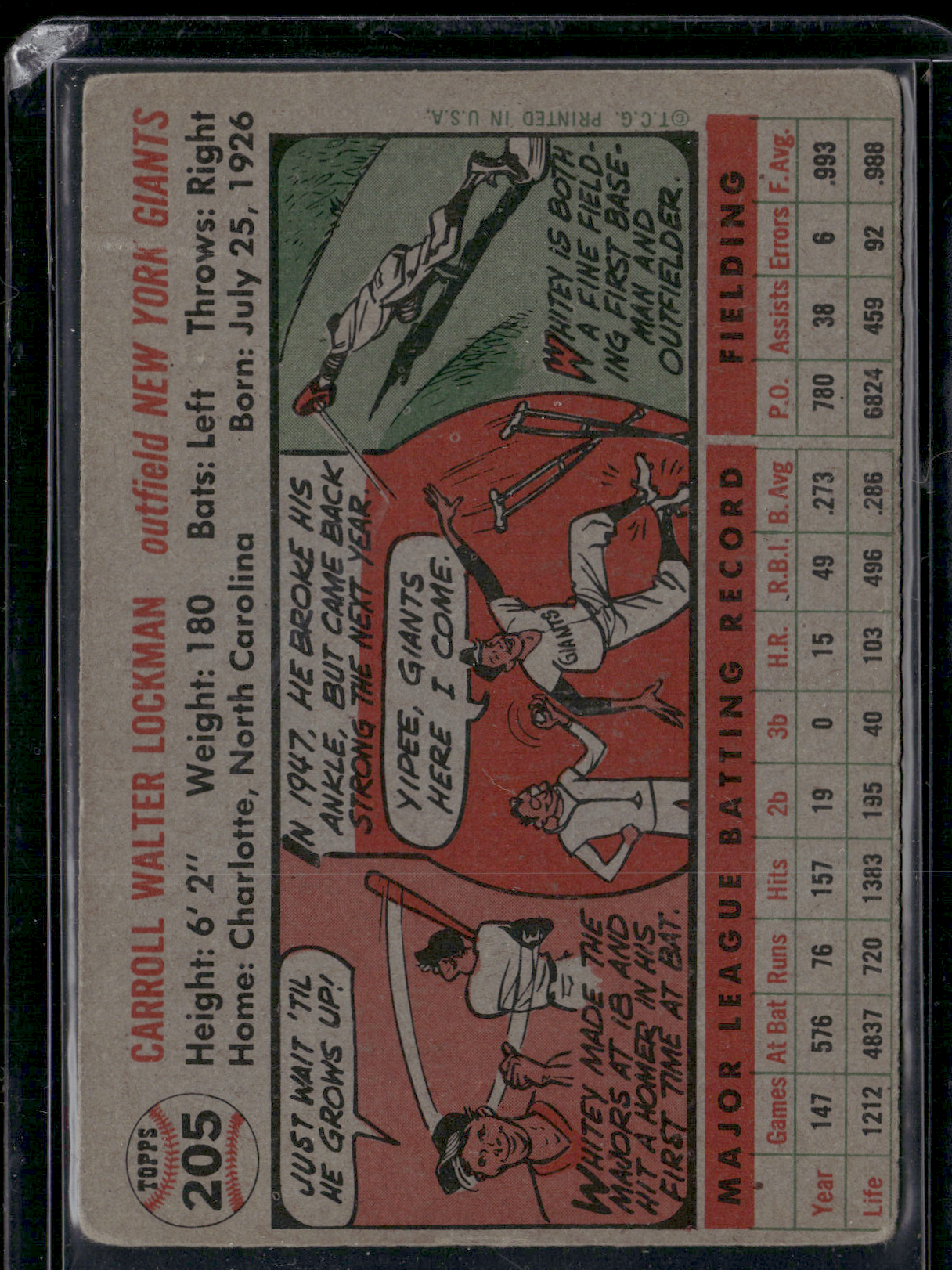 1956 Topps WHITEY LOCKMAN #205 Light Wrinkles