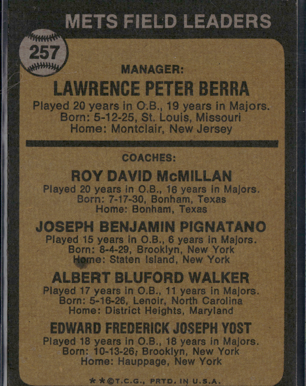 1973 Topps YOGI BERRA #257