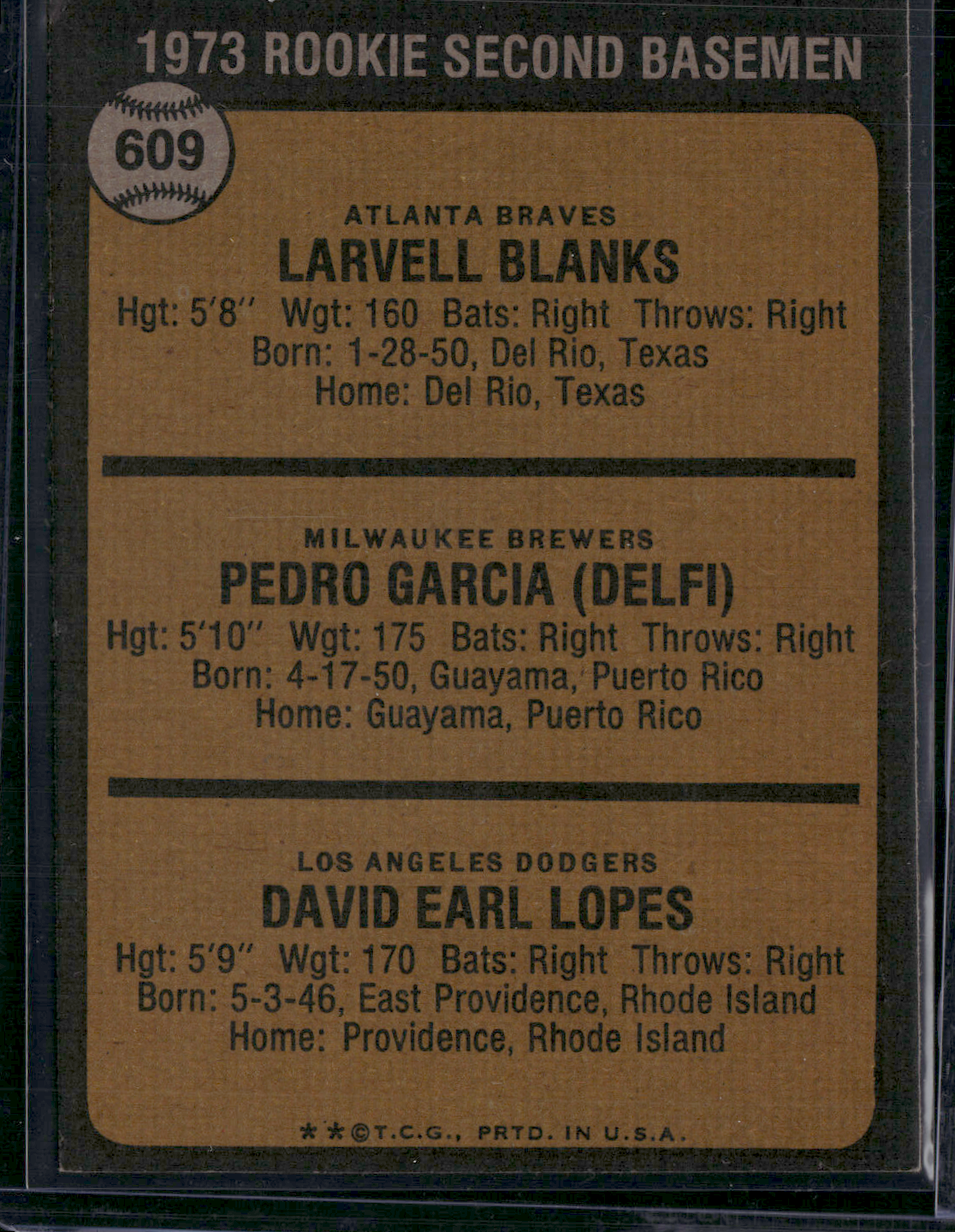 1973 Topps LARVELL BLANKS/GARCIA/LOPES #609 1973 Rookie 2nd Basemen (VG/EX)