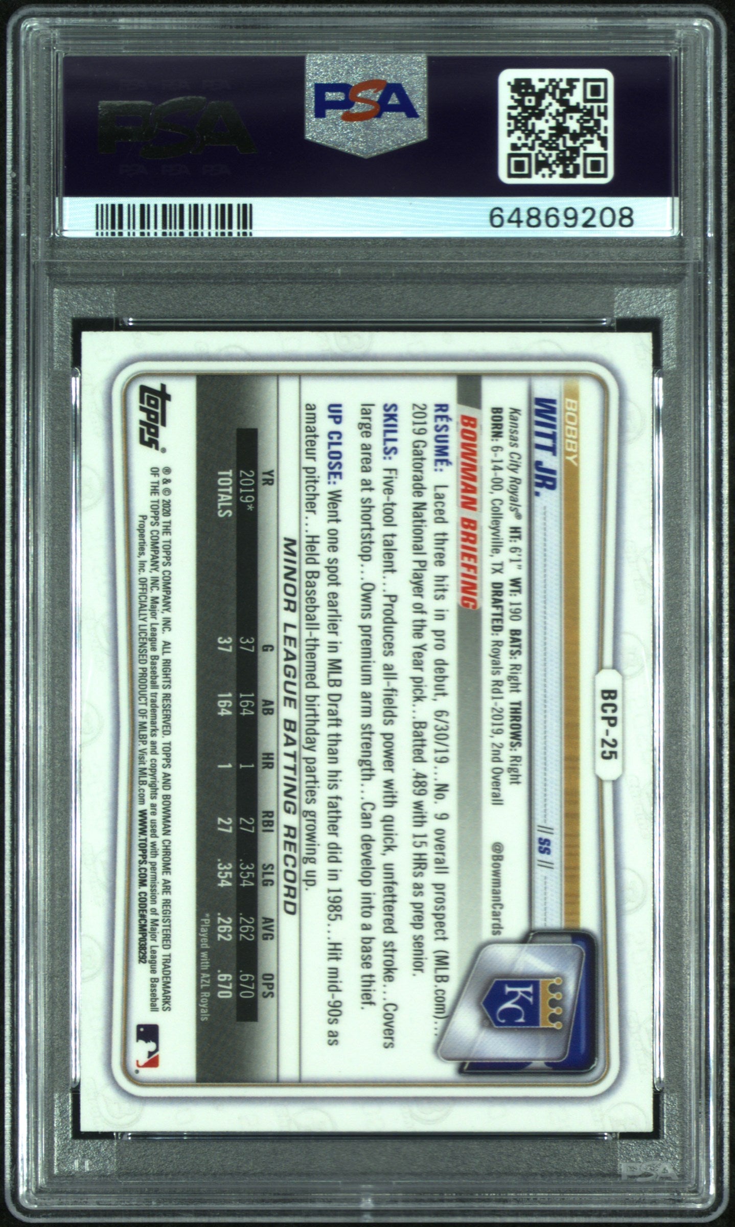 2020 Bowman Chrome Prospects BOBBY WITT JR. #BCP25 PSA 9 1ST BOWMAN
