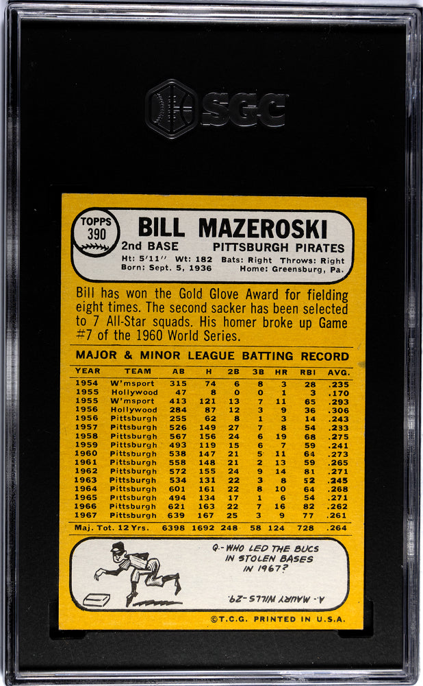 1968 Topps BILL MAZEROSKI #390 SGC 6 - Pittsburgh Pirates Legend HOF