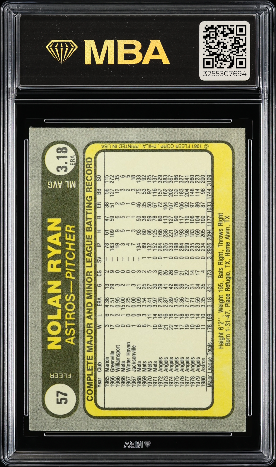 1981 Fleer Nolan Ryan #57 MBA 7