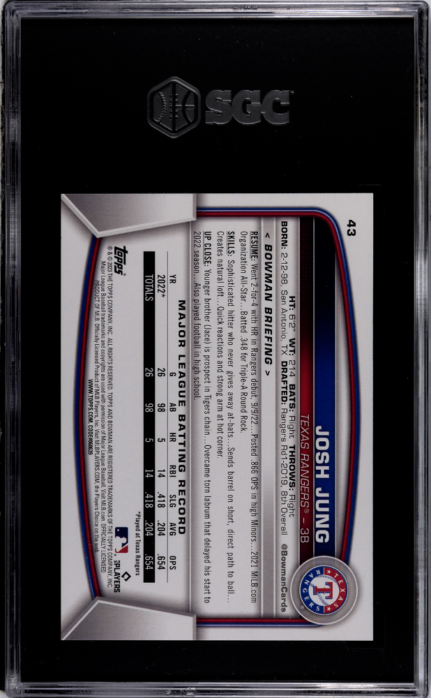 2023 Bowman Josh Jung #43 SGC 10 Rookie RC